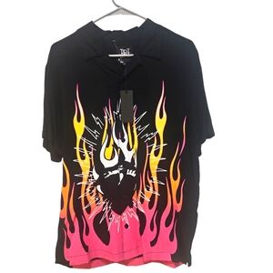 Ed Hardy Man Authentic Tattoo Flames Short sleeve Botton down Shirt Size XXL/M